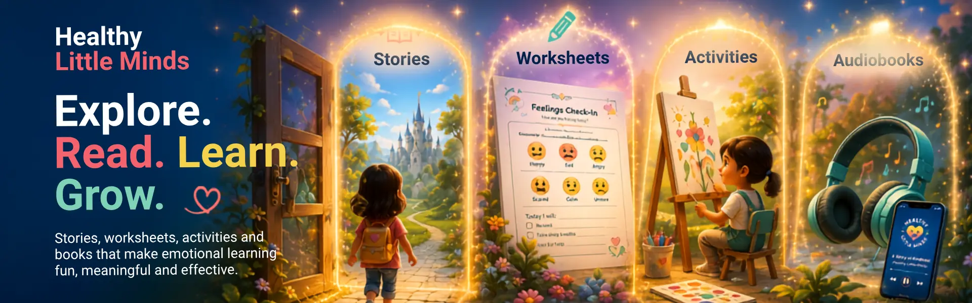 Healthy Little Minds pathways to stories, worksheets, activities, and audiobooks