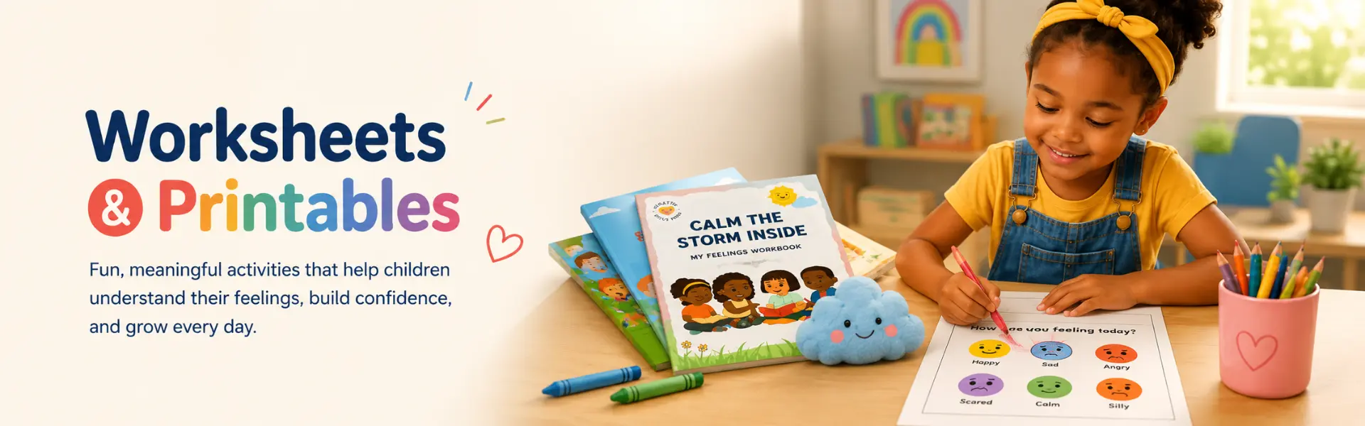 Child completing a feelings worksheet beside printable activity books