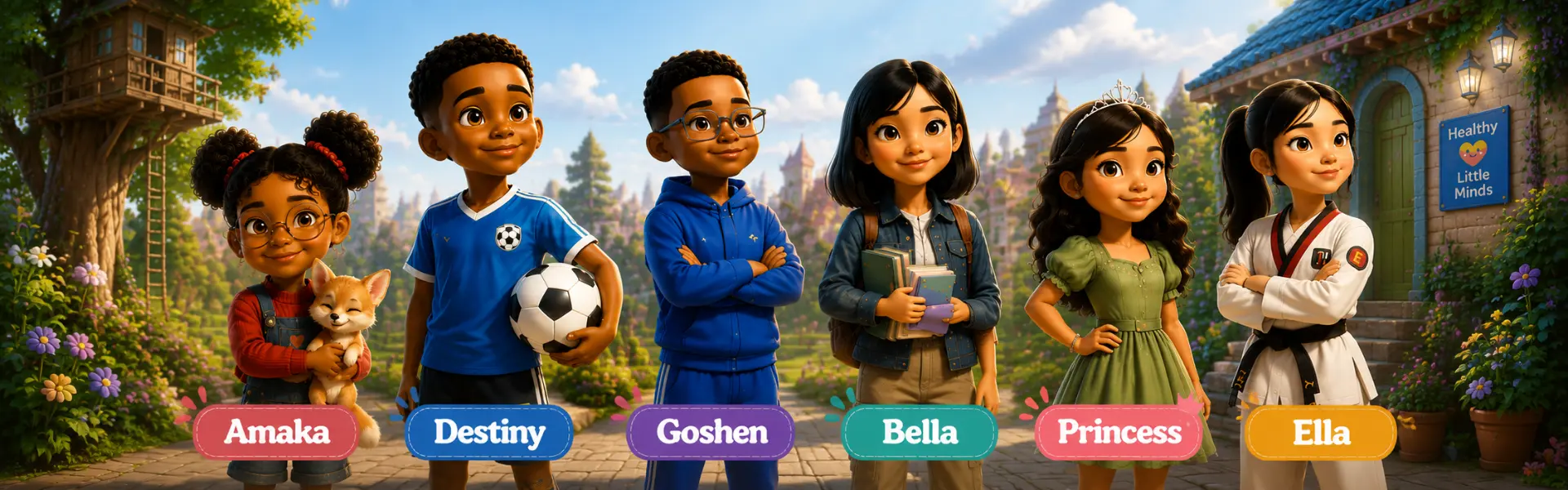 Healthy Little Minds characters Amaka, Destiny, Goshen, Bella, Princess, and Ella