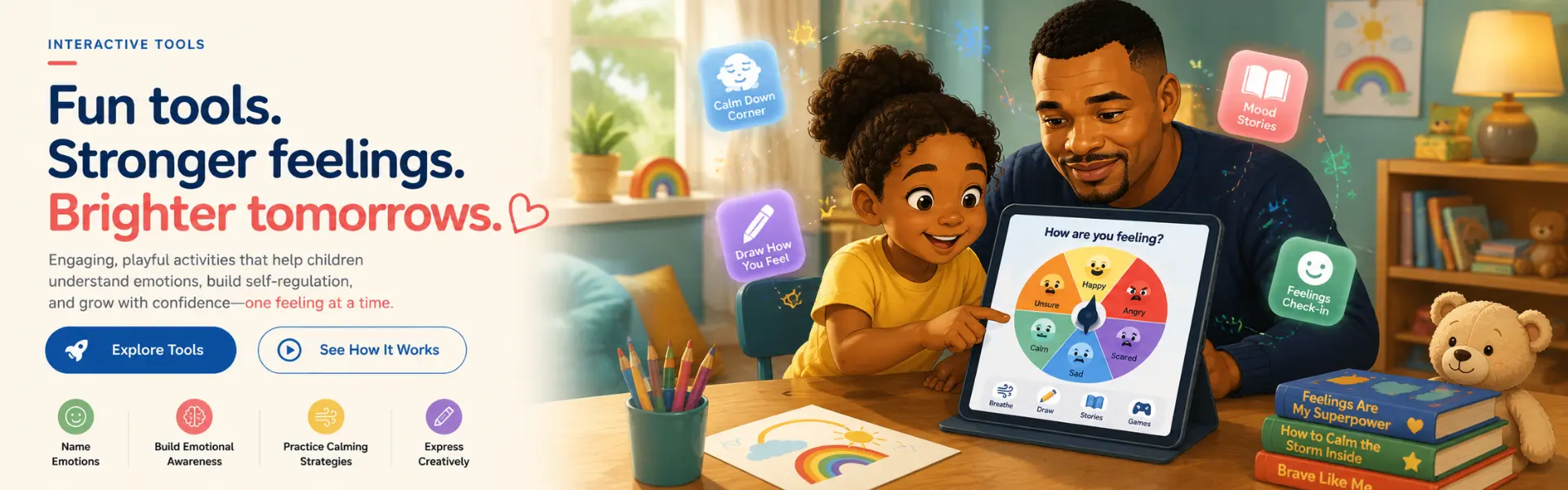 Parent and child exploring emotional learning tools on a tablet
