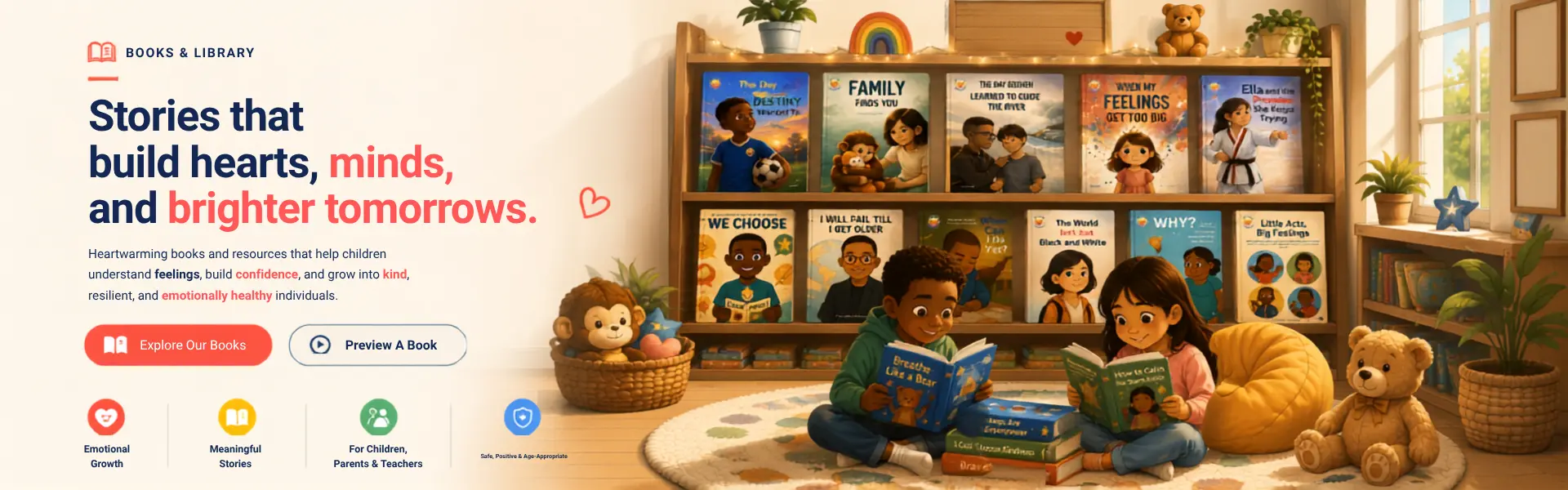Children reading in the Healthy Little Minds book library