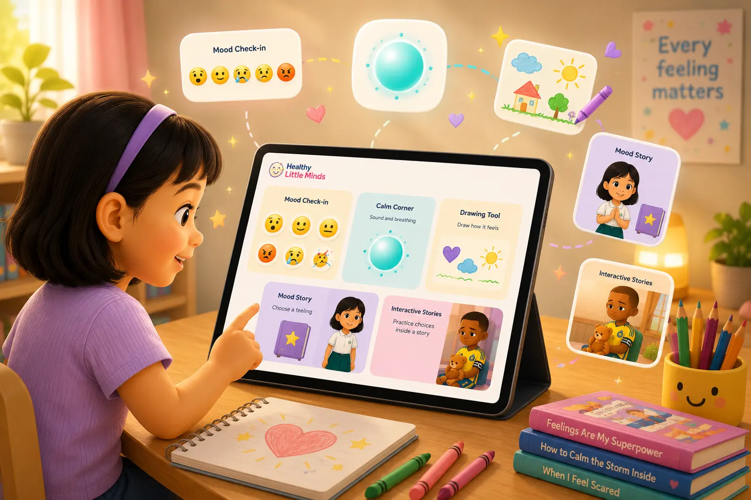 A child exploring mood check-ins, calming exercises, drawing, and interactive stories on a tablet